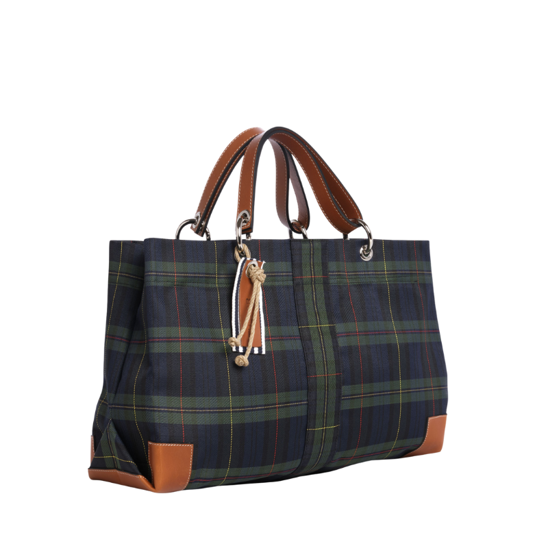 sac de ville modulable en polyester écossais marine avec des anses en cuir naturel