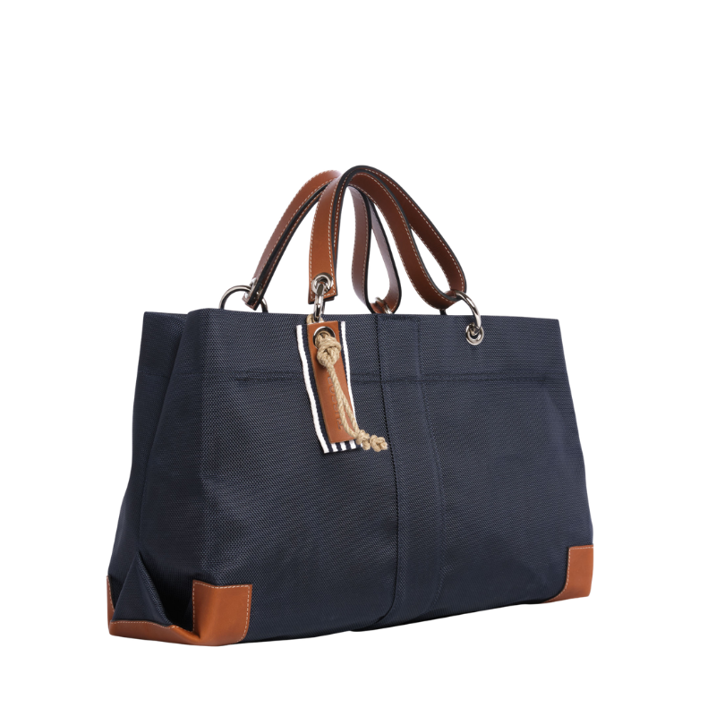 sac de ville modulable en polyester givré bleu marine avec des anses en cuir naturel