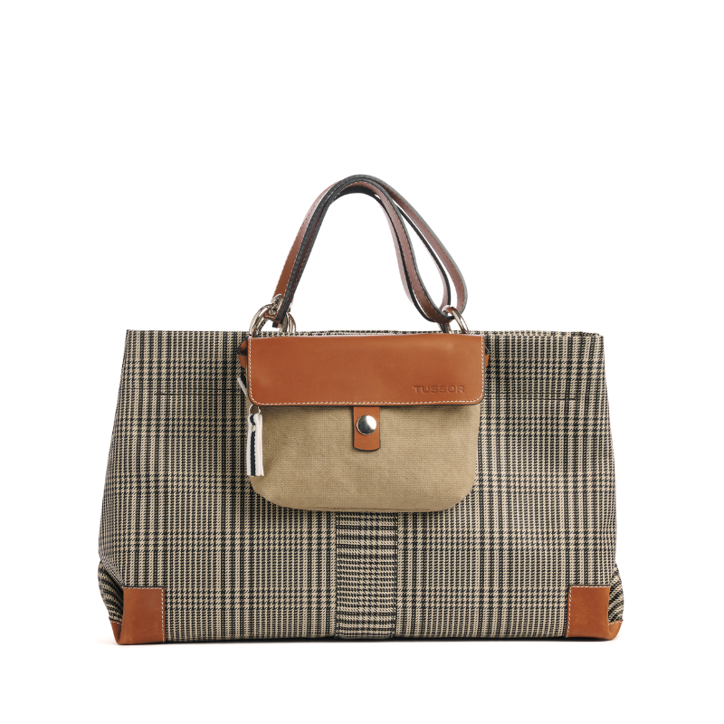 sac de ville modulable en polyester prince de Galles avec des anses en cuir naturel et ses pochettes yole taupe et grege