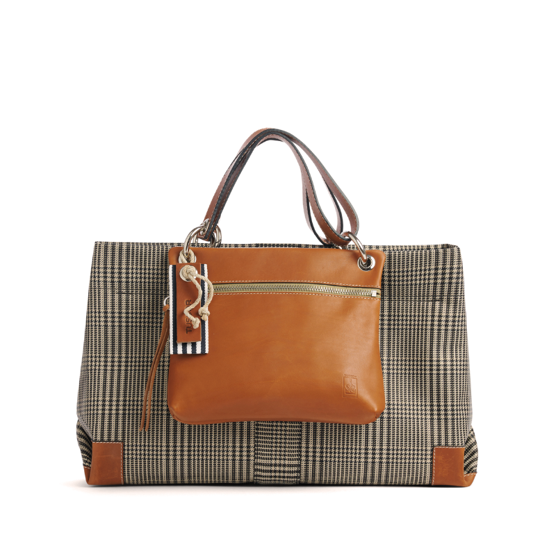 sac de ville modulable en polyester prince de Galles avec des anses en cuir naturel et sa pochette mobile sable