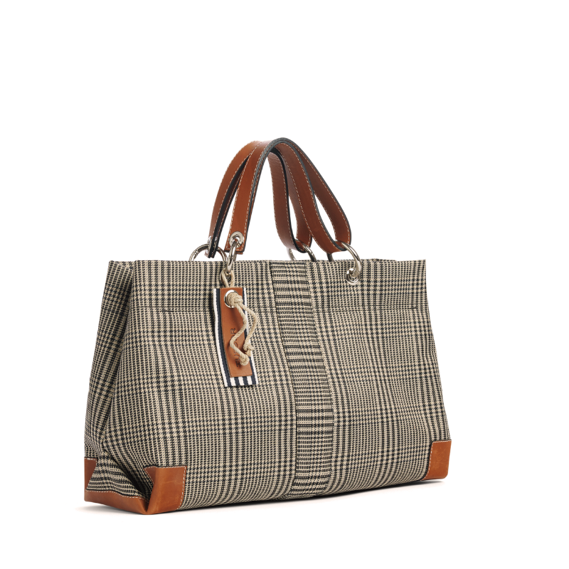 sac de ville modulable en polyester prince de Galles avec des anses en cuir naturel