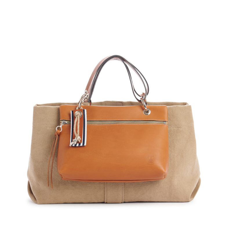 sac de ville modulable en coton sable avec des anses en cuir naturel et sa pochette yole prince de Galles