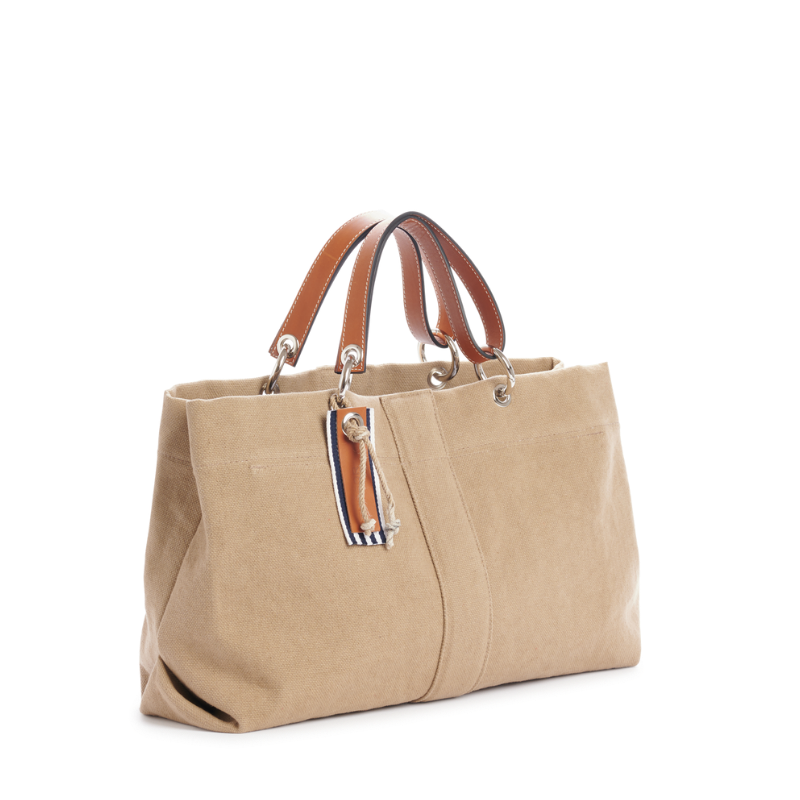 sac de ville modulable en coton sable avec des anses en cuir naturel