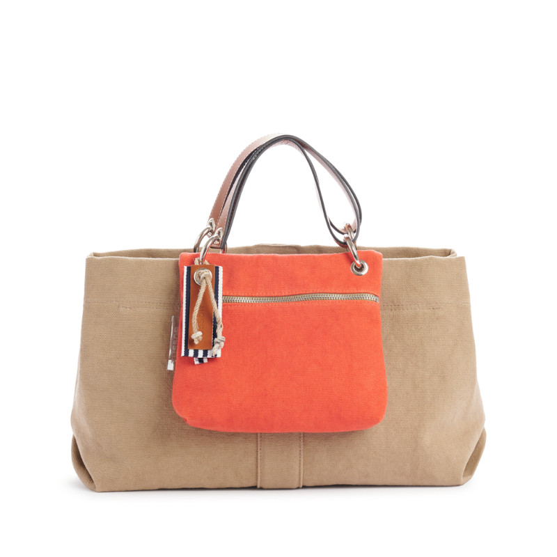 sac de ville modulable en coton sable avec des anses en cuir naturel et sa pochette yole corail