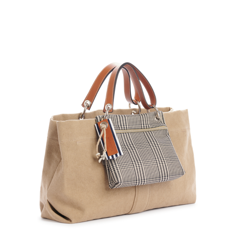 sac de ville modulable en coton sable avec des anses en cuir naturel et sa pochette equipier cuir gold