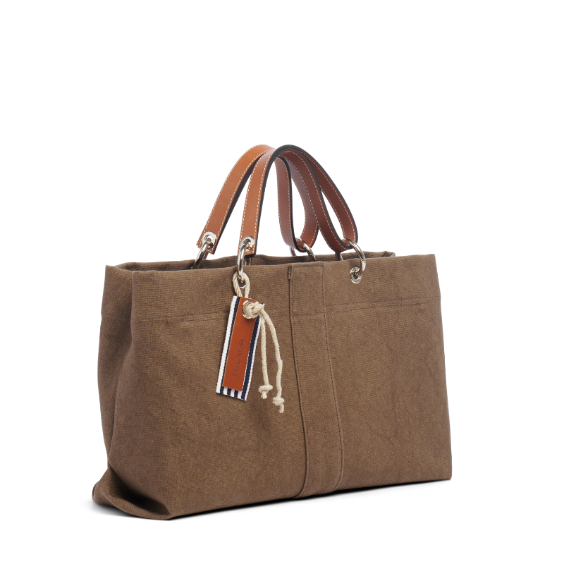sac de ville modulable en coton taupe avec des anses en cuir naturel
