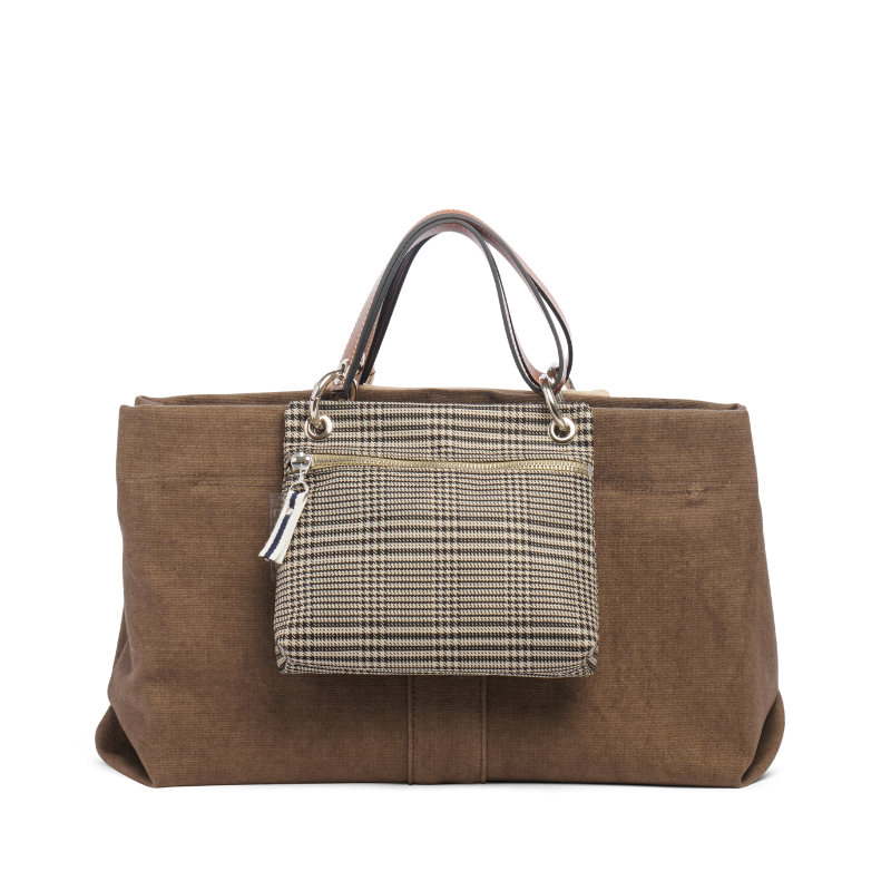sac de ville modulable en coton taupe avec des anses en cuir naturel et ses pochettes yole grege, cuir gold, et prince de Galles