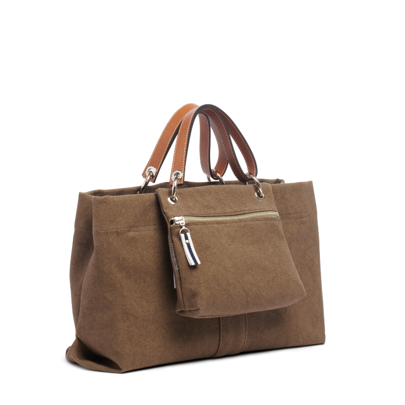 sac de ville modulable en coton taupe avec des anses en cuir naturel et sa pochette prince de Galles
