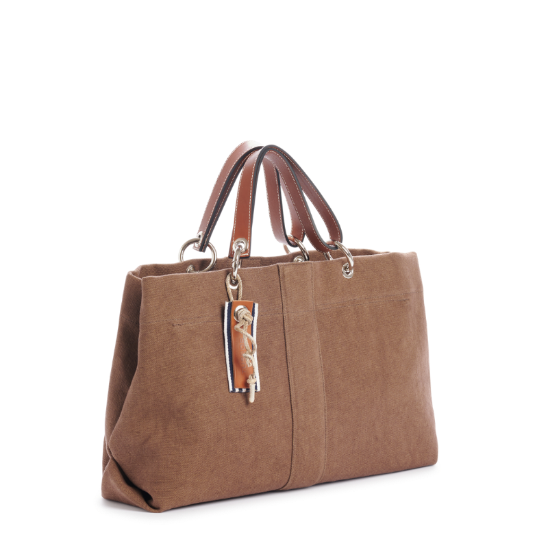 sac de ville modulable en coton terre avec des anses en cuir naturel