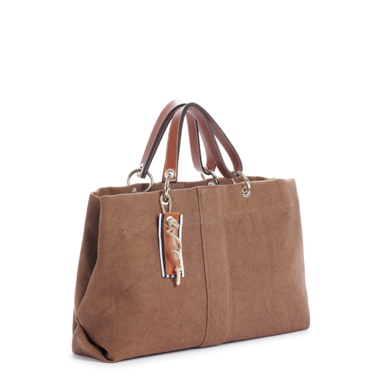 sac de ville modulable en coton terre avec des anses en cuir naturel et sa pochette yole grege et sa pochette yole cuir gold