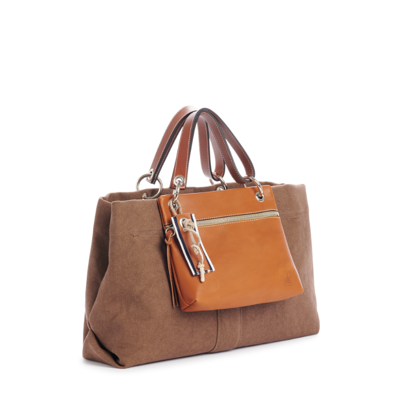 sac de ville modulable en coton terre avec des anses en cuir naturel et sa pochette yole grege