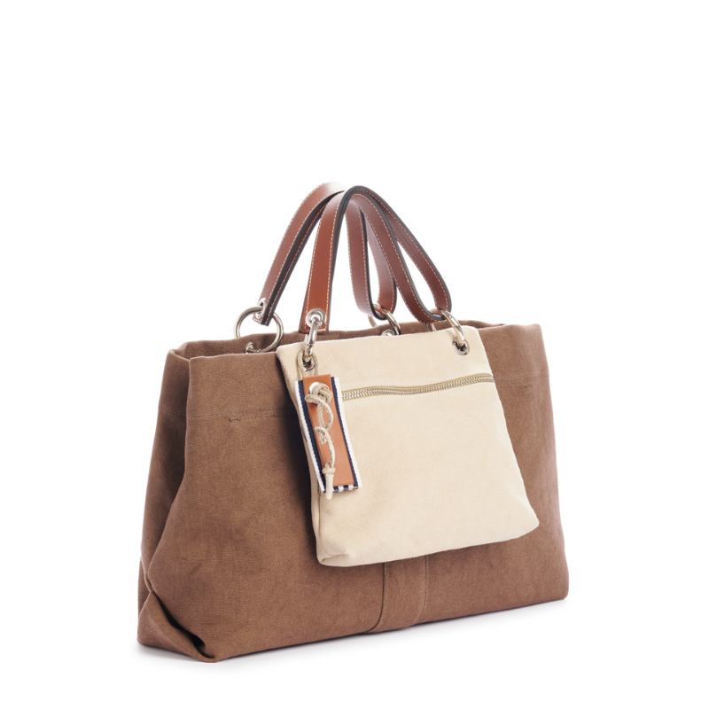 sac de ville modulable en coton terre avec des anses en cuir naturel et sa pochette yole cuir gold