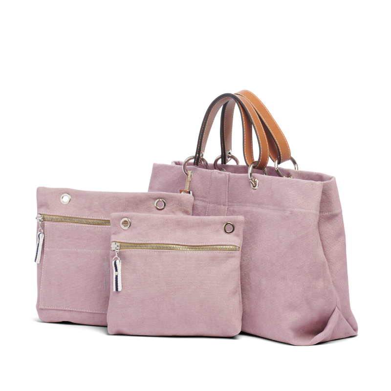 sac de ville modulable en coton vieux rose avec des anses en cuir naturel et ses pochettes equipier et yole vieux rose