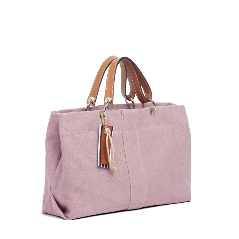 sac de ville modulable en coton vieux rose avec des anses en cuir naturel