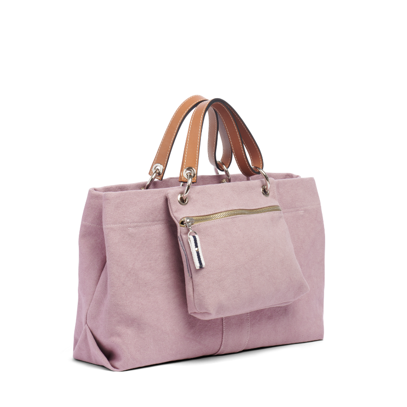 sac de ville modulable en coton vieux rose avec des anses en cuir naturel et sa pochette yole vieux rose