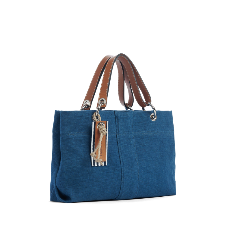 sac de ville modulable en coton bleu canard avec des anses en cuir naturel