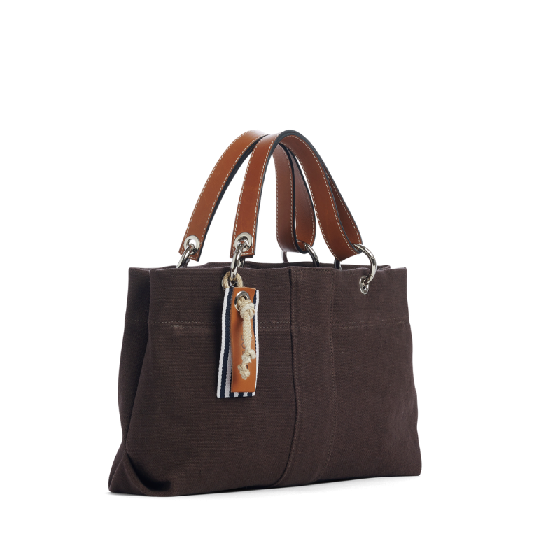 sac de ville modulable en coton chocolat avec des anses en cuir naturel
