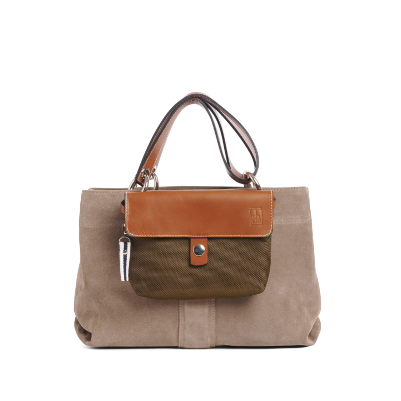 sac de ville modulable en cuir vachette velours galet avec des anses en cuir naturel et sa pochette mobile givre kaki en polyester