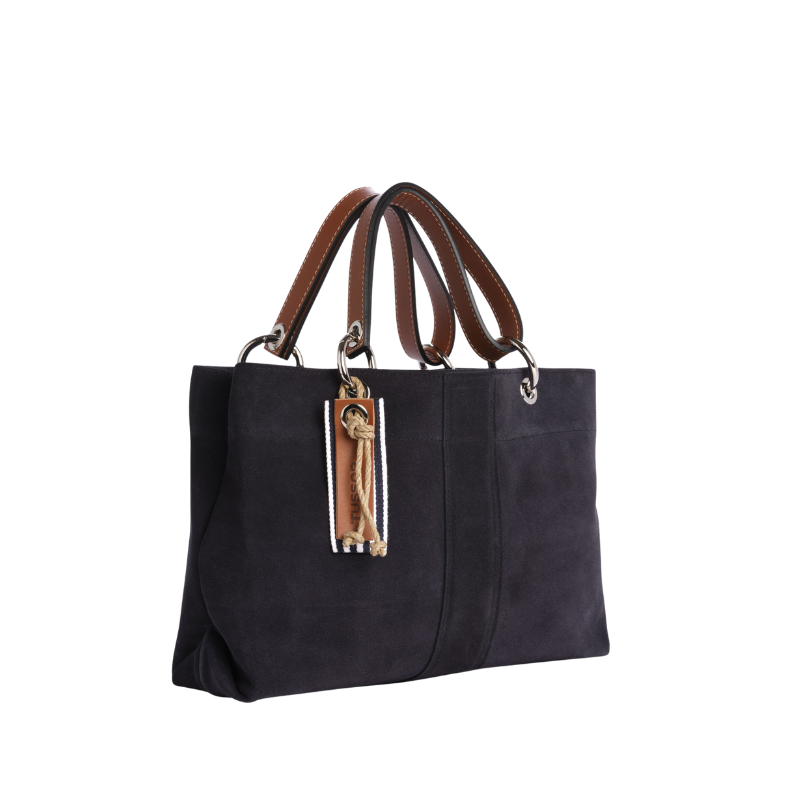 sac de ville modulable en cuir vachette velours bleu marine avec des anses en cuir naturel