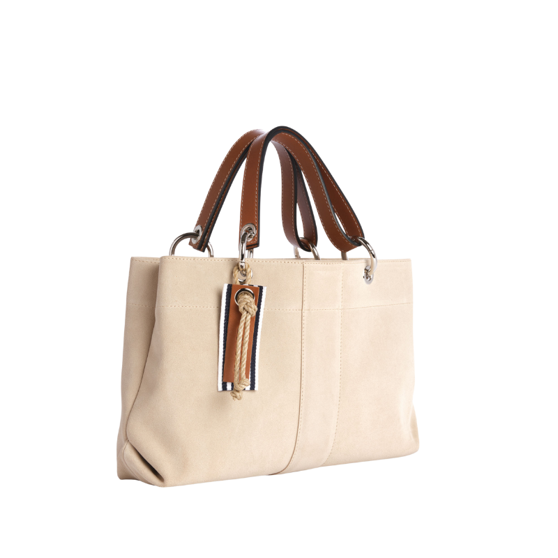 sac de ville modulable en cuir vachette velours grège avec des anses en cuir naturel