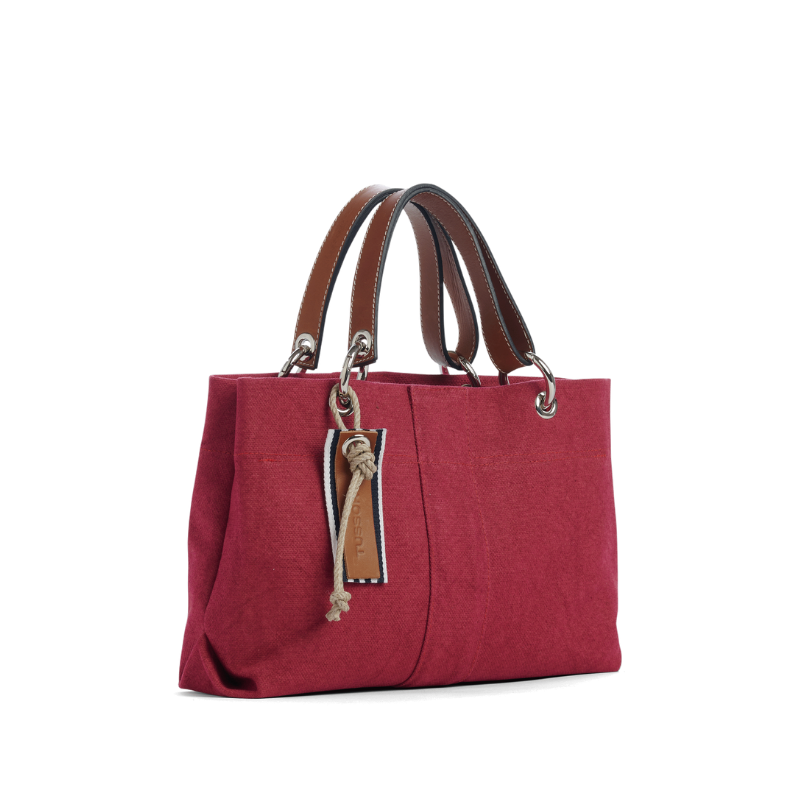 sac de ville modulable en coton framboise avec des anses en cuir naturel