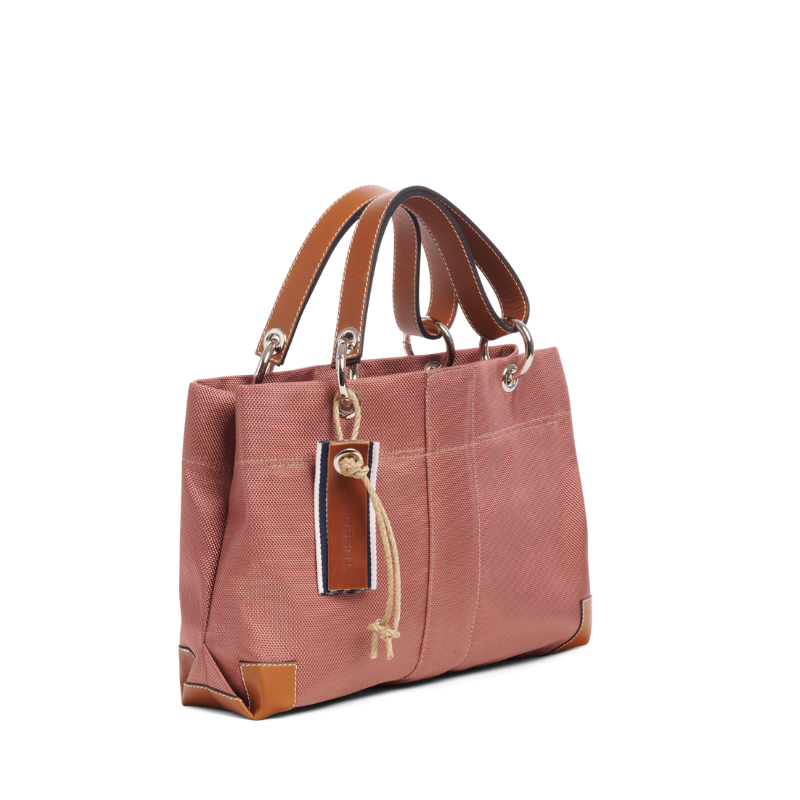 sac de ville modulable en polyester givré bois de rose avec des anses en cuir naturel