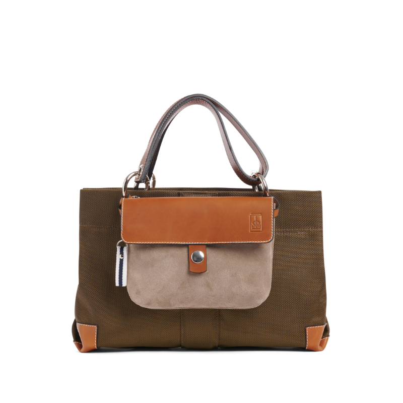 sac de ville modulable en polyester givré bois de rose avec des anses en cuir naturel avec sa pochette mobile cuir vachette galet