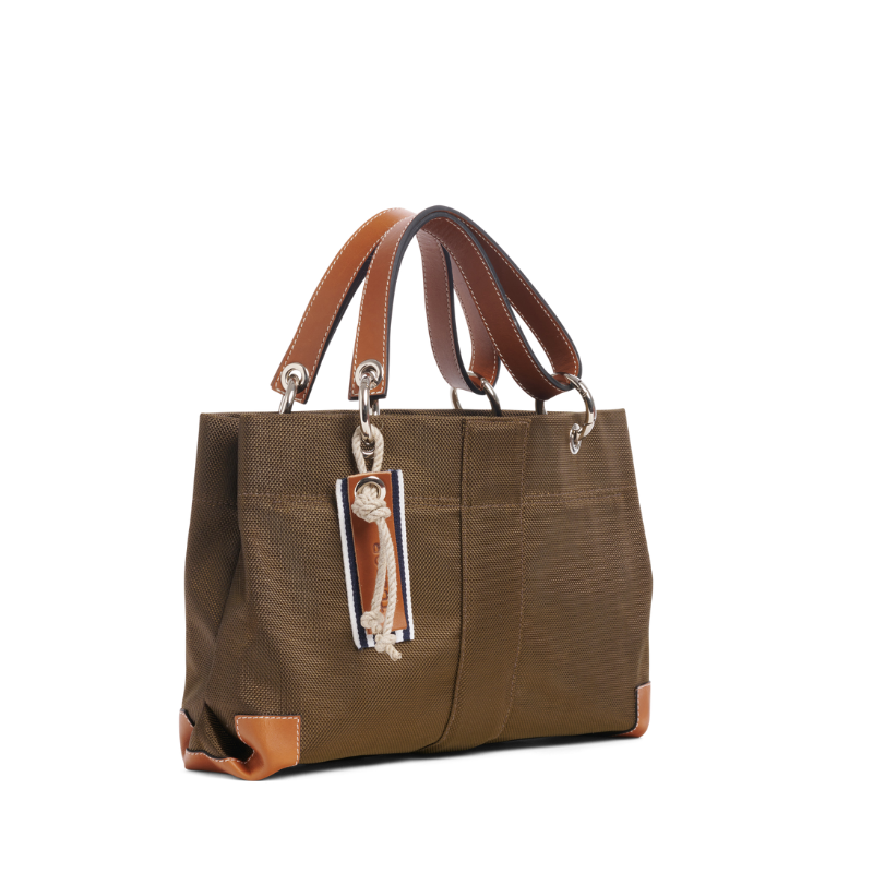 sac de ville modulable en polyester givré kaki avec des anses en cuir naturel
