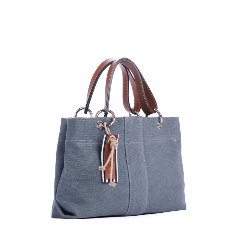 sac de ville modulable en coton gris avec des anses en cuir naturel