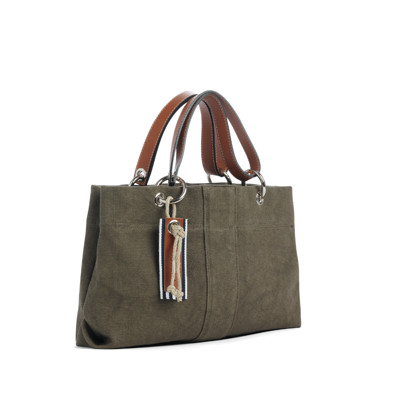 sac de ville modulable en coton kaki avec des anses en cuir naturel