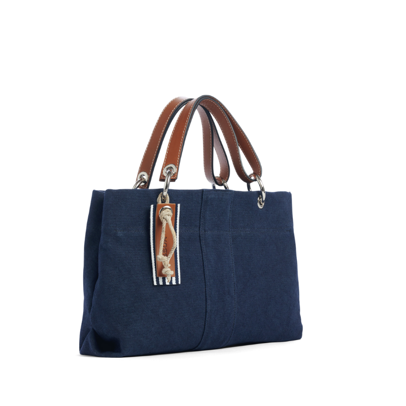 sac de ville modulable en coton marine avec des anses en cuir naturel