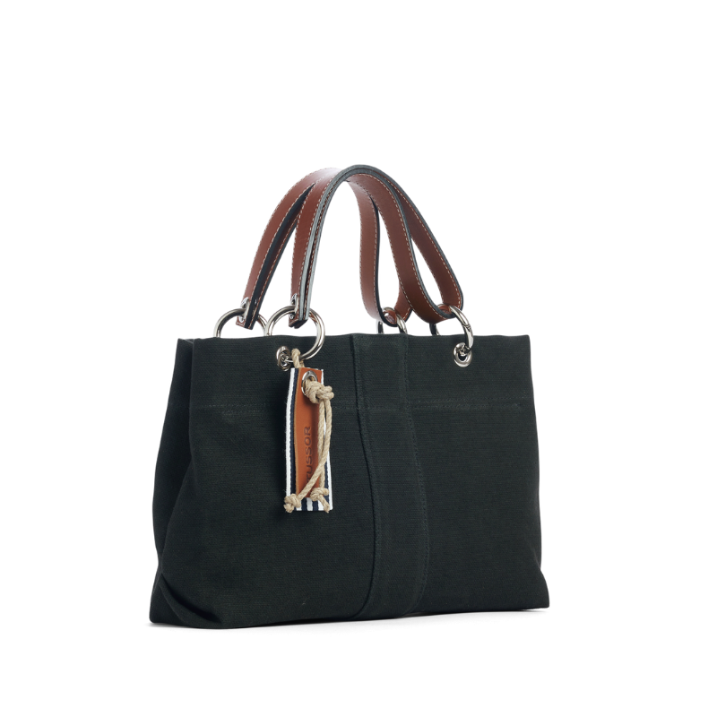 sac de ville modulable en coton noir avec des anses en cuir naturel