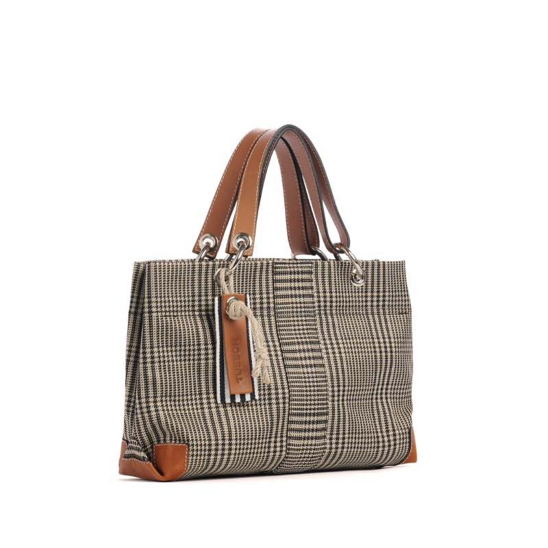 sac de ville modulable en polyester prince de Galles avec des anses en cuir naturel