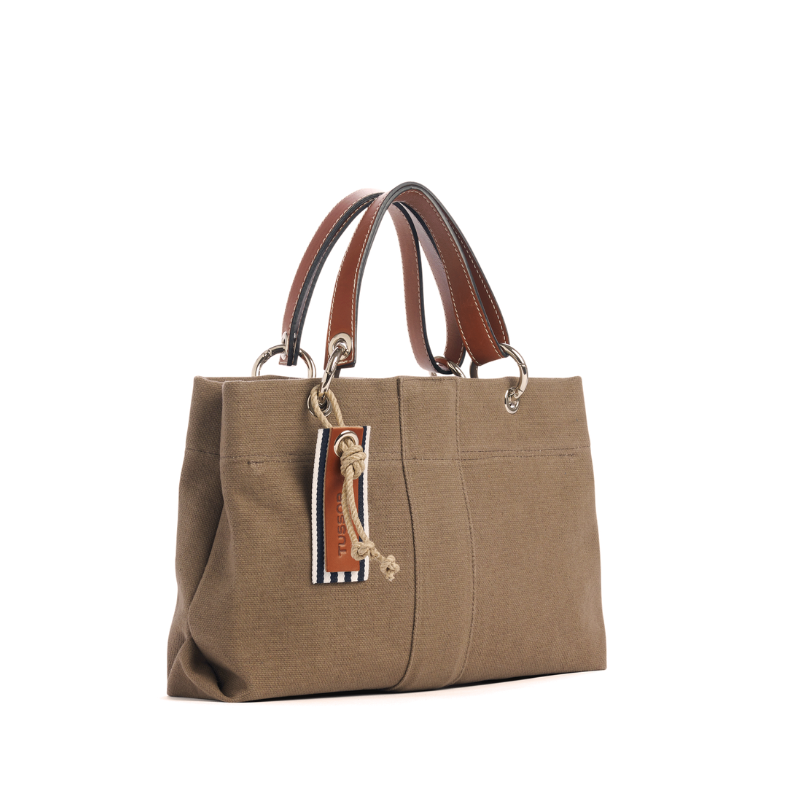sac de ville modulable en coton taupe avec des anses en cuir naturel