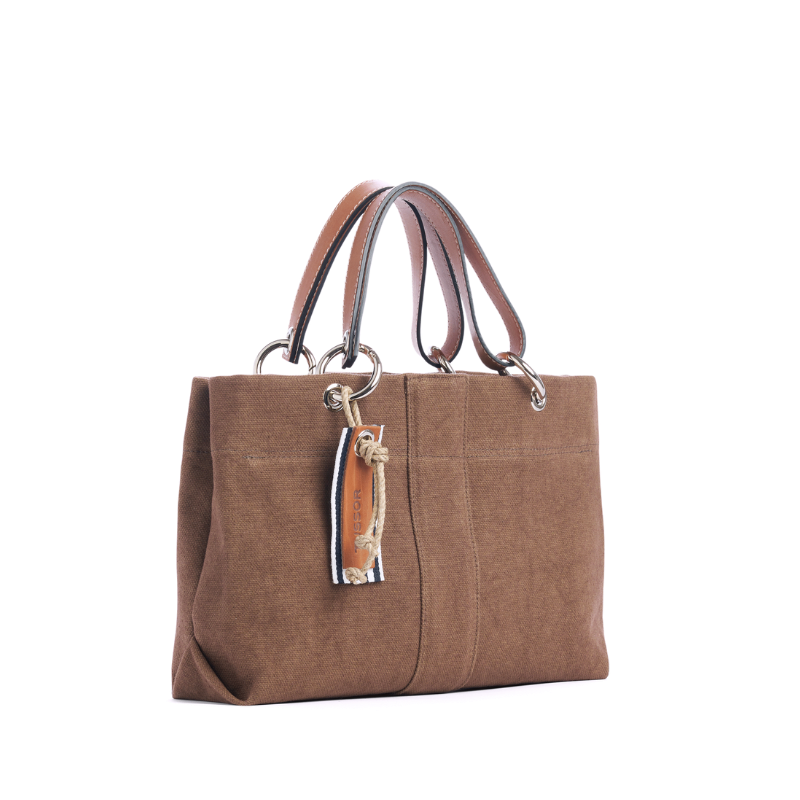 sac de ville modulable en coton terre avec des anses en cuir naturel