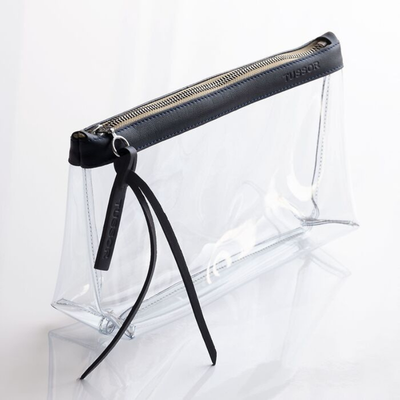 pochette en plastique transparent et cuir bleu nuit
